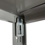 Close-up of a Penco Clipper Shelving corner displaying a bracket with slots for securing. The gray shelf features a smooth finish, and the metallic silver bracket is neatly attached to the shelf.