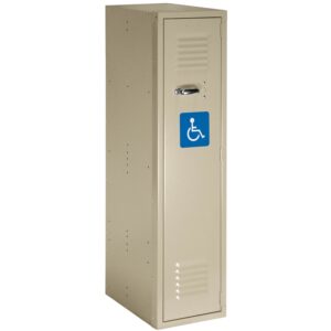 A beige locker with a ventilation panel and handle features a blue sign with a white wheelchair symbol for accessibility. This locker also includes fingerprint authentication, ensuring secure and easy access for individuals with disabilities.