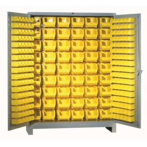 A large metal storage cabinet with its doors open, revealing multiple shelves filled with yellow plastic bins. The bins are uniformly arranged, occupying the entire interior space of the cabinet.