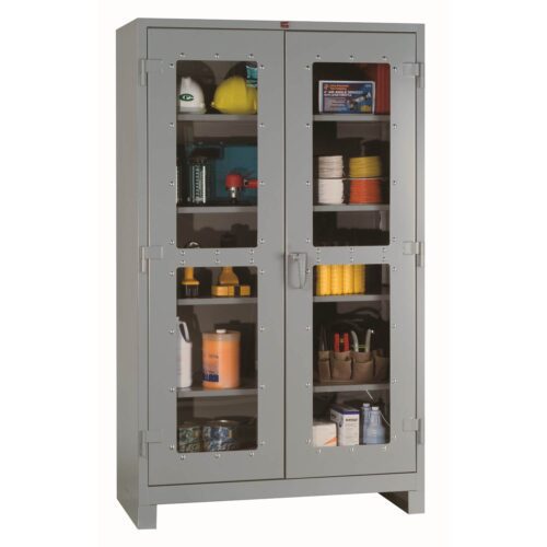 A gray storage cabinet with two glass-paneled doors. Inside, shelves hold various tools and supplies, including rolls of tape, spray cans, a yellow hard hat, and small boxes. The cabinet is set against a plain background.