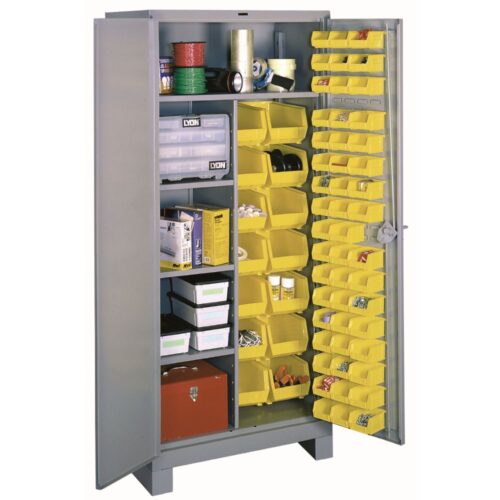 A gray metal storage cabinet with an open door reveals organized shelves. Inside, there are yellow plastic bins filled with various tools and supplies. The cabinets door also has smaller yellow bins holding small items like screws and bolts.