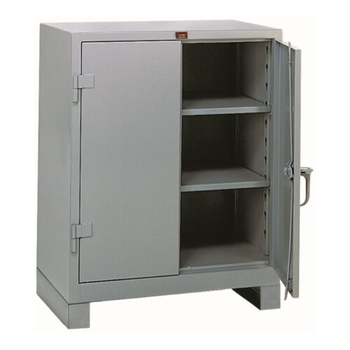 A gray metal storage cabinet with one door open, revealing three empty shelves.