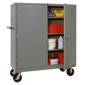 A gray metal storage cabinet on wheels, perfect for evidence storage, is shown with one door open. Inside, colorful bins, a white bucket, a bottle, and neatly stacked red fabric or paper are organized on the shelves. The cabinet features a handle for effortless mobility.