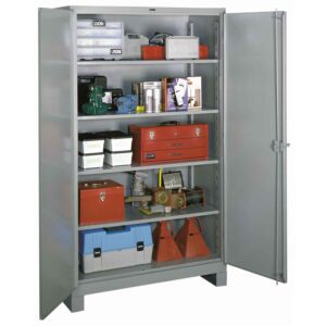 A metal storage cabinet with open doors reveals five shelves containing various tools, plastic bins, red toolboxes, cans, and a small machine. The shelves are organized with items for industrial or mechanical use.