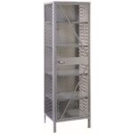 A tall, metal storage cabinet with a mesh front door and multiple shelves. The cabinet is designed for secure storage, featuring a handle and a lock. The frame is a light gray color.