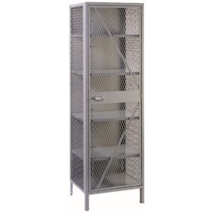 A tall, metal storage cabinet with a mesh front door and multiple shelves. The cabinet is designed for secure storage, featuring a handle and a lock. The frame is a light gray color.
