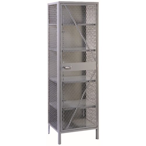 lyon-all-welded-visible-storage-cabinet-1130-dove-gray.jpg A tall, metal storage cabinet with a mesh front door and multiple shelves. The cabinet is designed for secure storage, featuring a handle and a lock. The frame is a light gray color.