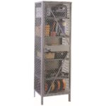 Tall metal mesh storage locker with a padlock on the door. Inside, assorted items like boxes, coiled hoses, and a blue bottle are visible. The locker has a gray finish and appears to be freestanding.