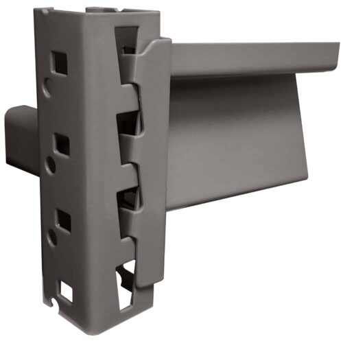 A close-up of a gray plastic bracket with a series of square and rounded holes along its length. It has a curved section and a flat piece extending from one side, likely used for mounting or securing purposes.