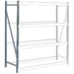 Line drawing of a large, metal shelving unit with three shelves. The frame is reinforced with diagonal braces on the side, providing stability for heavy-duty storage.