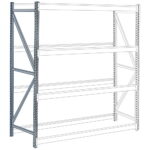 Illustration of a metal shelving unit with three adjustable shelves. One side is drawn with solid lines and shading in blue, while the other side is sketched with faint lines, creating a blueprint effect.