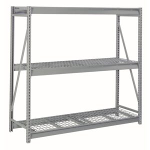 A large metal shelving unit with two wide, adjustable wire grid shelves and a top support bar. The frame is industrial gray, featuring side braces and multiple perforations for height adjustments.
