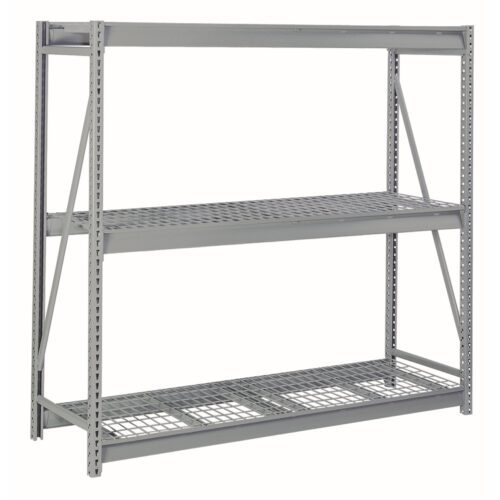 lyon-bulk-storage-rack-with-flat-wire-decking-3-level-starter.jpg A large metal shelving unit with two wide, adjustable wire grid shelves and a top support bar. The frame is industrial gray, featuring side braces and multiple perforations for height adjustments.