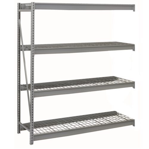 A tall, metal shelving unit with four adjustable wire shelves. The unit is made of steel and has an open design, suitable for storage or industrial use. The shelves are evenly spaced and the frame has a grey finish.