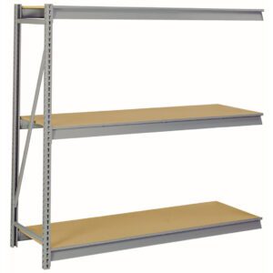 A gray metal shelving unit with three levels, featuring wooden shelves, is set against a plain white background. The unit has a sturdy metal frame with visible support beams, suitable for storage or organizing spaces.