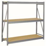 A free-standing metal shelving unit with three wooden shelves, supported by a steel frame, is set against a plain, light background. The shelves are evenly spaced and designed for storage and organization.