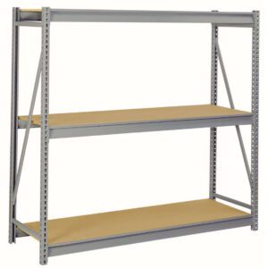 A free-standing metal shelving unit with three wooden shelves, supported by a steel frame, is set against a plain, light background. The shelves are evenly spaced and designed for storage and organization.