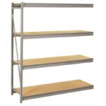 A metal shelving unit with four wooden shelves. The shelves are aligned horizontally and are supported by vertical metal beams on the left side. The unit is empty and displayed against a plain white background.