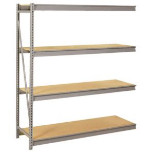 A metal shelving unit with four wooden shelves. The shelves are aligned horizontally and are supported by vertical metal beams on the left side. The unit is empty and displayed against a plain white background.