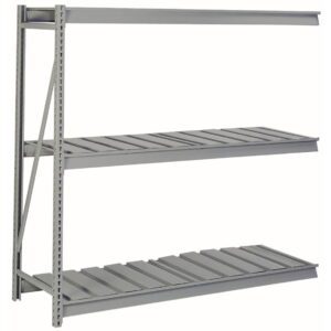 A metal shelving unit with three adjustable shelves, featuring a sturdy frame and slatted shelf surfaces. The unit is empty, allowing for versatile storage options. The color is a light gray, and it appears suitable for industrial use.