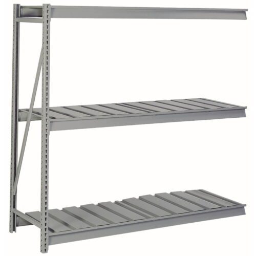 A metal shelving unit with three adjustable shelves, featuring a sturdy frame and slatted shelf surfaces. The unit is empty, allowing for versatile storage options. The color is a light gray, and it appears suitable for industrial use.