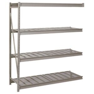 A metal shelving unit with four tiers is shown. The shelves have a slatted design and are supported by a vertical frame on the left. The unit is freestanding and is designed for storage purposes.