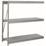 A gray metal shelving unit with three wide shelves, designed for storage. The frame is supported by vertical beams and diagonal braces for stability. The shelves have a flat surface, ideal for organizing items in a garage or warehouse.