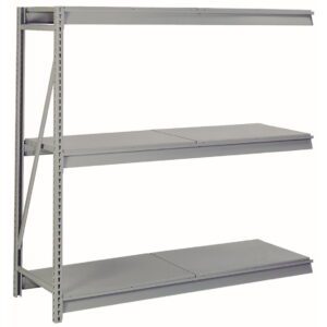 A gray metal shelving unit with three wide shelves, designed for storage. The frame is supported by vertical beams and diagonal braces for stability. The shelves have a flat surface, ideal for organizing items in a garage or warehouse.