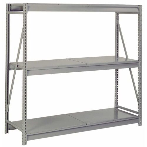 A large gray industrial shelving unit with three metal shelves and a sturdy frame. The design features perforated edges and cross-bracing for stability. The shelves are adjustable and suitable for heavy storage.