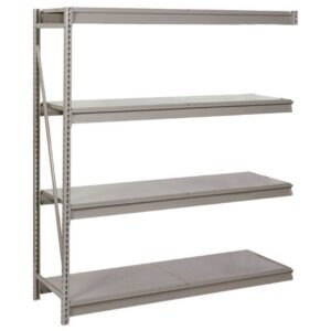 A metal shelving unit with four empty horizontal shelves. The shelves are supported by vertical beams on the left side and appear sturdy and industrial. The unit is gray in color.
