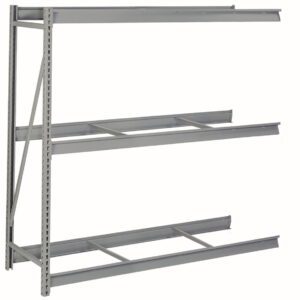 A metal storage rack with two empty horizontal shelves, supported by vertical beams and diagonal braces on the left side. The structure is silver and industrial in appearance, designed for holding heavy items in a warehouse or garage.