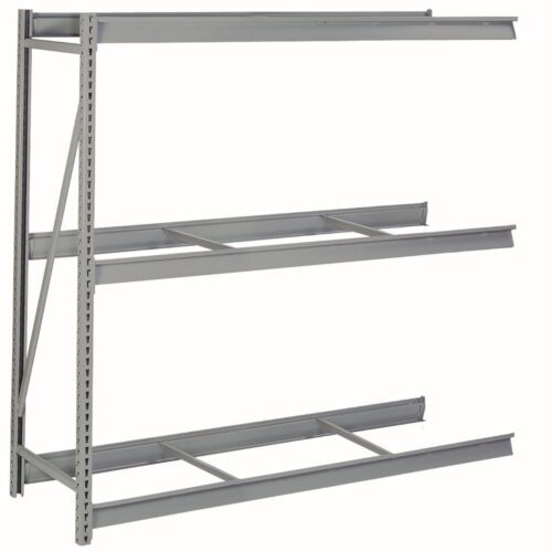 lyon-bulk-storage-rack-without-decking-3-level-add-on-2-supports.jpg A metal storage rack with two empty horizontal shelves, supported by vertical beams and diagonal braces on the left side. The structure is silver and industrial in appearance, designed for holding heavy items in a warehouse or garage.
