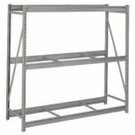 A large, heavy-duty metal storage rack with an industrial design. It features two long horizontal shelves supported by a sturdy frame with vertical and diagonal beams for reinforcement. The rack is empty and set against a plain white background.