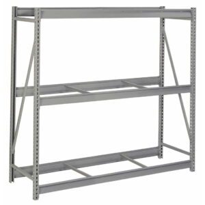 A large, heavy-duty metal storage rack with an industrial design. It features two long horizontal shelves supported by a sturdy frame with vertical and diagonal beams for reinforcement. The rack is empty and set against a plain white background.