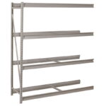 A metal shelving unit with four horizontal shelves and a vertical frame. The framework is open and industrial, designed for heavy-duty storage. The structure appears sturdy, suitable for warehouses or garages.