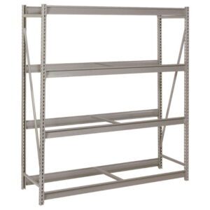 Metal shelving unit with three adjustable shelves and a sturdy frame, designed for heavy-duty storage. The unit has a minimalist design and is set against a plain white background.