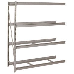 Industrial metal shelving with four levels. The frame is made of vertical beams with horizontal shelves that appear sturdy and suitable for heavy-duty storage. The structure is shown from an angle, highlighting its empty, open design.