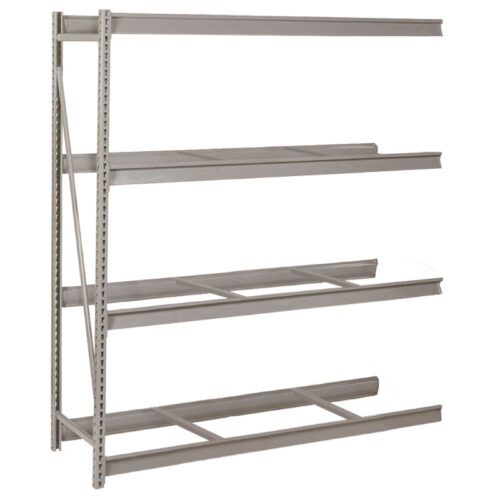 lyon-bulk-storage-rack-without-decking-420level-add-on-2-supports.jpg Industrial metal shelving with four levels. The frame is made of vertical beams with horizontal shelves that appear sturdy and suitable for heavy-duty storage. The structure is shown from an angle, highlighting its empty, open design.