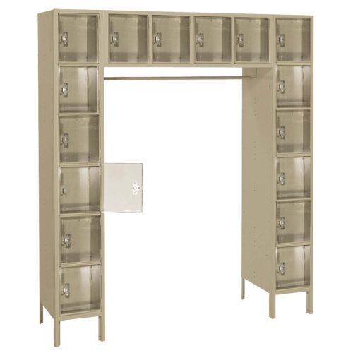 lyon-clearsight-lockerack-putty.jpg A tall, beige metal coat locker unit with clear doors. It has multiple compartments arranged in a U-shape, with a horizontal section at the top. One compartment door is open on the left side.