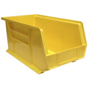 A yellow plastic storage bin with an open front for easy access, perfect for use on Penco Clipper Shelving. Featuring reinforced sides and a flat bottom, it’s ideal for organizing and stacking in both industrial and home settings.