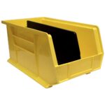A yellow plastic storage bin with an open front and a removable black divider inside, designed for organizing or holding small items.