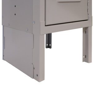 Close-up of the bottom section of a beige Finger Print Authentication locker, highlighting construction details like rivets and a corner support bracket. The slightly ajar lower door reveals its hinges, emphasizing the innovative blend of classic design and modern security features.