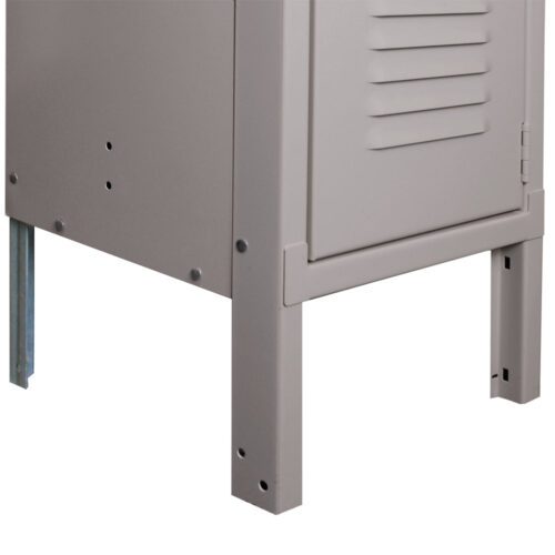 Close-up of a gray metal cabinet base with four legs. The cabinet features a vented panel on one side and visible screws securing the structure. Part of the leg is made of a different metal, suggesting potential adjustability or support.