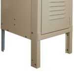 Close-up view of the lower section of a beige metal cabinet with vented doors. The cabinet stands on four legs, two of which are metal, and features visible screws on its side and corner.