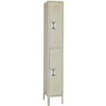 A tall, beige metal locker with two doors, each featuring a handle and small ventilation slits. Standing on raised legs, this smart day locker is designed for secure storage, making it ideal for schools, gyms, or businesses seeking efficient organization solutions.