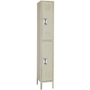 A tall, beige metal locker with two doors, each featuring a handle and small ventilation slits. Standing on raised legs, this smart day locker is designed for secure storage, making it ideal for schools, gyms, or businesses seeking efficient organization solutions.