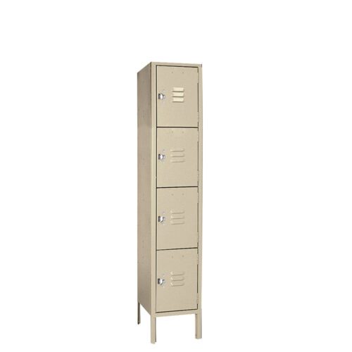 A beige metal locker unit with four compartments stacked vertically. Each compartment has a vented door with a handle and lock. The locker stands on four legs.