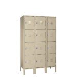 A beige, three-column metal locker unit with nine compartments offers smart day lockers for business needs. Each compartment features a vented door and handle. The unit stands sturdily on small legs against a plain white background, blending functionality with sleek design.