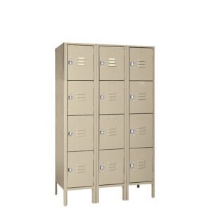 A beige, three-column metal locker unit with nine compartments offers smart day lockers for business needs. Each compartment features a vented door and handle. The unit stands sturdily on small legs against a plain white background, blending functionality with sleek design.
