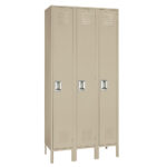 A beige metal locker unit with three vertical compartments, each featuring a ventilation grille and a handle. Designed as smart day lockers for business, they offer practicality and security. The lockers are elevated on short legs for easy cleaning access.